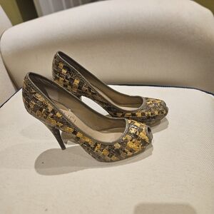 Rachel Zoe Gold and Brown Checkered Heels